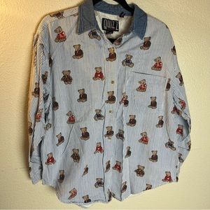 Vintage bear print novelty striped collared button up